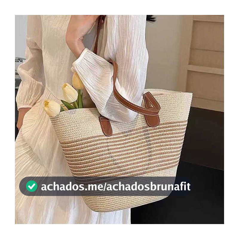 Bolsa em Palha Grande com Listras e Alças em Couro PU – Elegância & Praticidade para o Dia a Dia