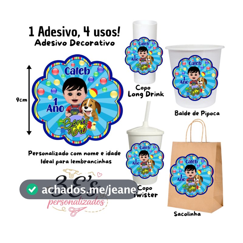 Bento e Totó Adesivos Personalizados Sacolinhas Balde de Pipoca Copo Twister Copo Long Drink