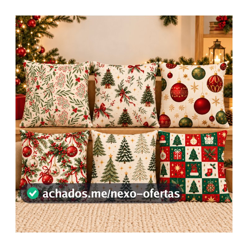 Kit 6 Capas de Almofadas Natalinas Estampadas Decoração de Natal Sofá Sala Quarto Árvores e Enfeites