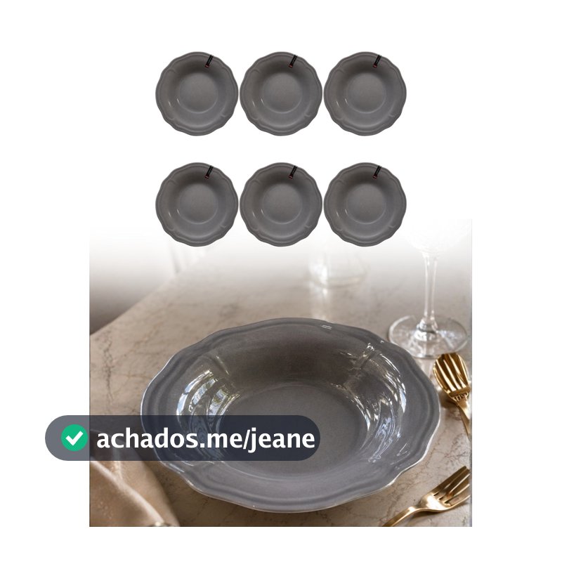 Jogo De 6 Pratos Fundo Cinza Jantar Kit Completo Tamanho 19 Cm Cerâmica Tipo Porcelana
