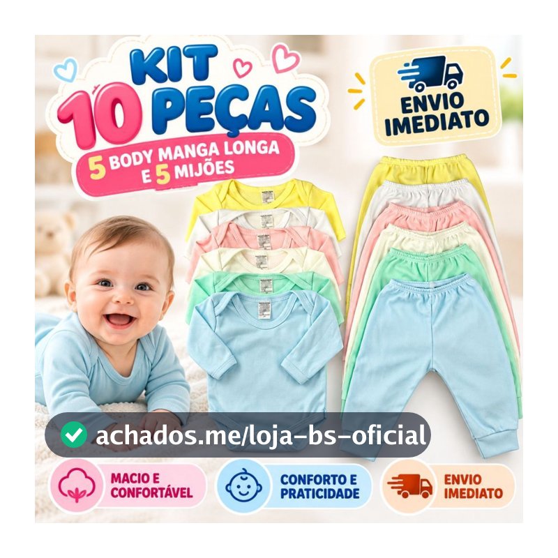 Kit 10 Peças - Conjunto Body Manga Longa + Calça Lisa Bebê