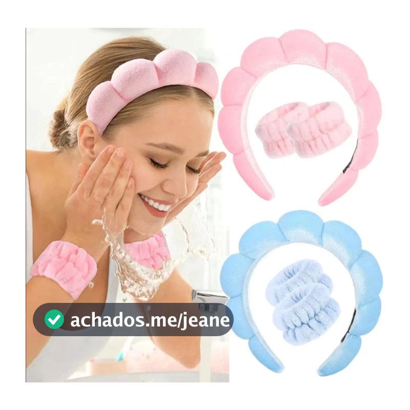 KIT Acessórios de Skincare Spa Feminino - Tiara Nuvem, Faixa de Pulso, Presilha de Flor 4 Itens