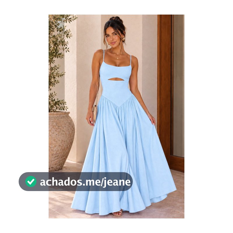Vestido Longo Feminino com Recorte na Cintura Alças Finas Elegante