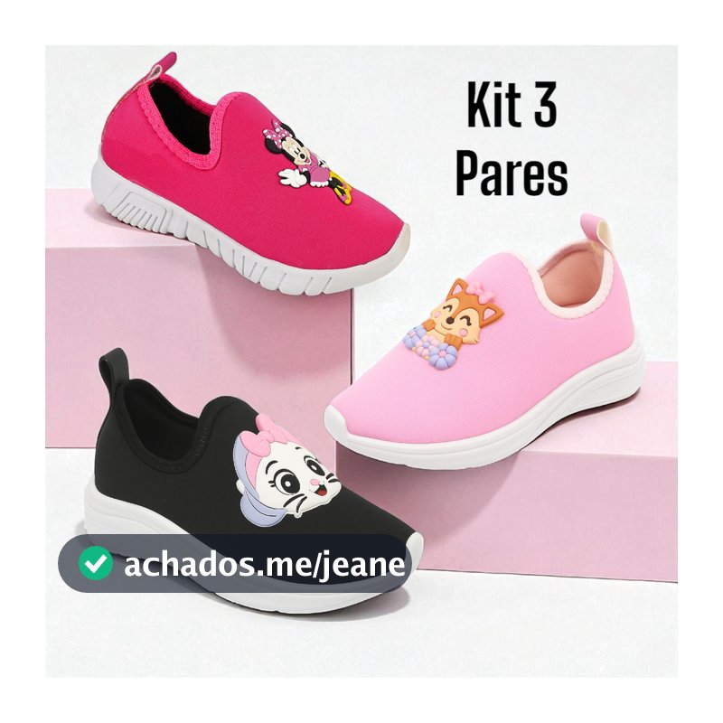 Kit 3 Pares Tênis Infantil Menina Escolar Confortável Calce Fácil Antiderrapante