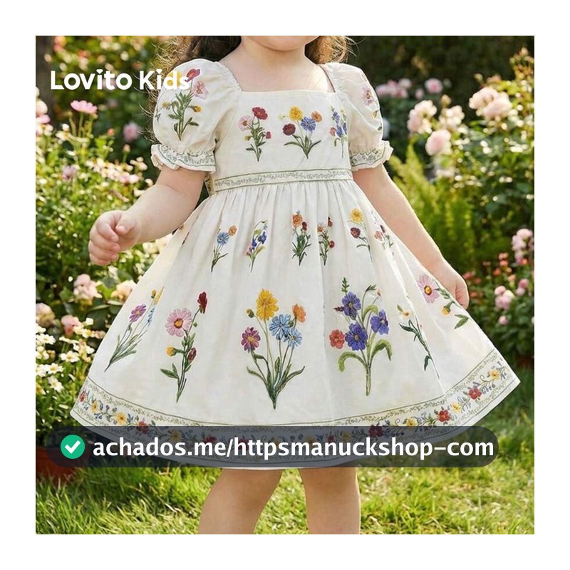 Lovito Kids Vestido Casual com Estampa Floral Drapeado Primavera/verão Branco para Meninas L192AD013