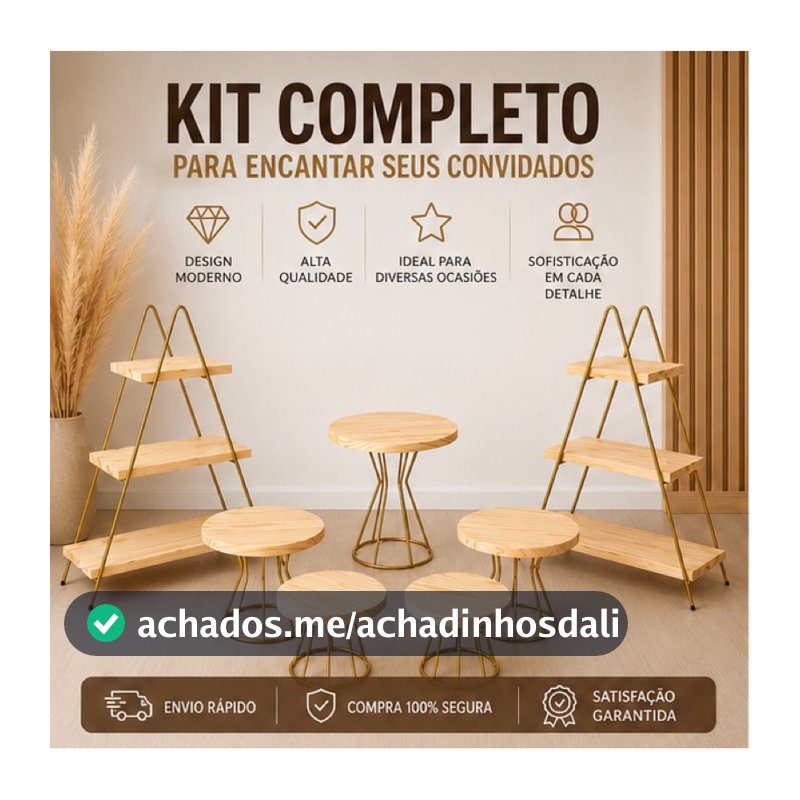 kit 7 Peças Decoração Para Festa ,5 Boleiras + 2 Escadinhas Doceiras 3 Andares ferro Dourado e Madeira Pinus