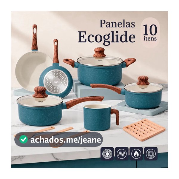 Jogo De Panelas 10 Peças Antiaderente Cerâmica Pfoa Free 2mm Cabos Soft Touch 3 Camadas Indução ppg pro Ecoglide