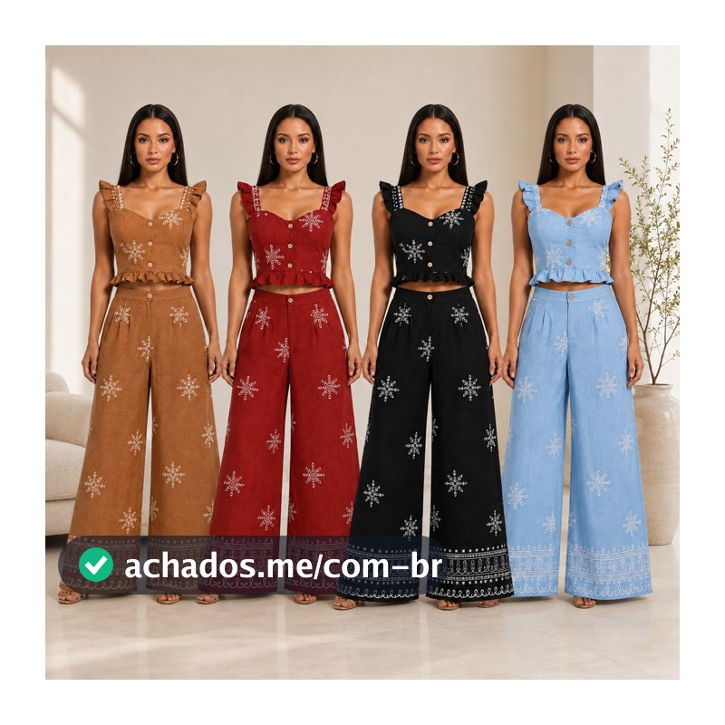 Conjunto Feminino Estampado com Cropped de Alças Ajustáveis e Calça Pantalona Viscose