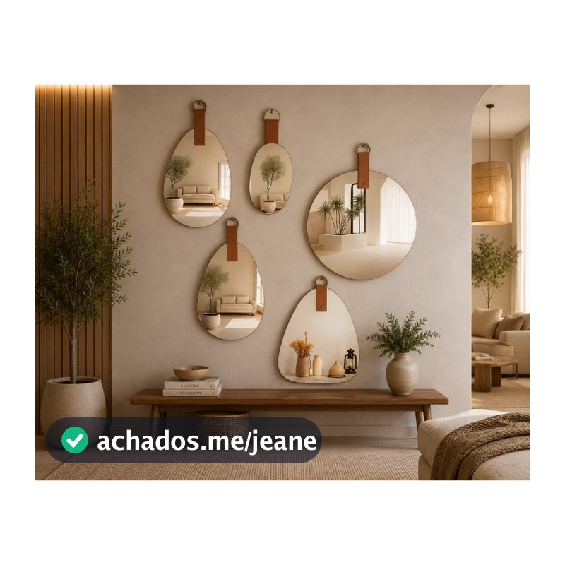 Espelho Decorativo com Alça de Couro Lapidado Redondo Gota Cápsula Para Sala Quarto Banheiro