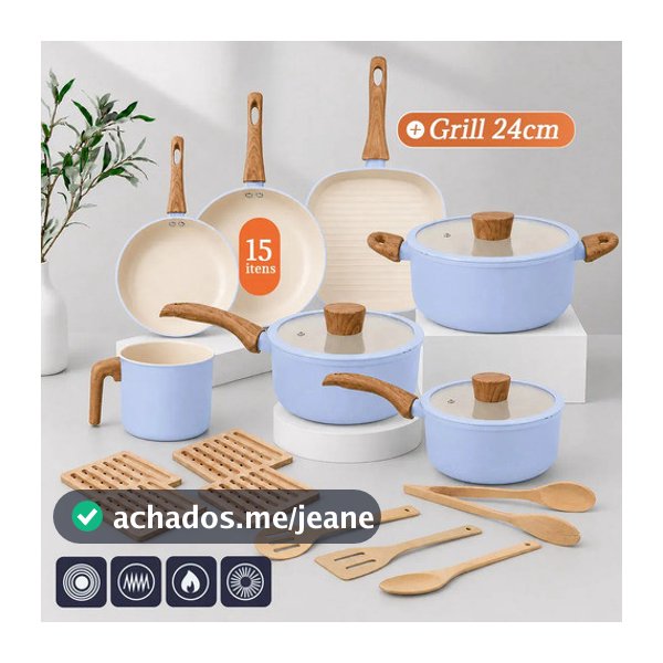 Jogo De Panelas 15 Peças c/ Grill Antiaderente 3 Camadas Cerâmica PFOA Free Indução todos os fogões PPG Neoglide Tuut