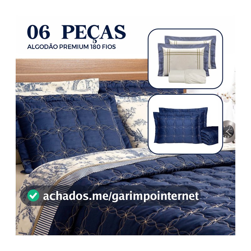 Cama Colcha Cobre Leito 06 Peças Casal/Queen/KING  + Jogo de Lençol Moderno Premium Estampa Porcelana