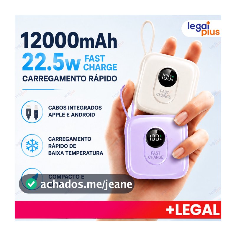 Carregador Portátil 12000mAh LED com Cabos Integrados, Compacto, Carga Rápida, Compatível com iPhone e Android