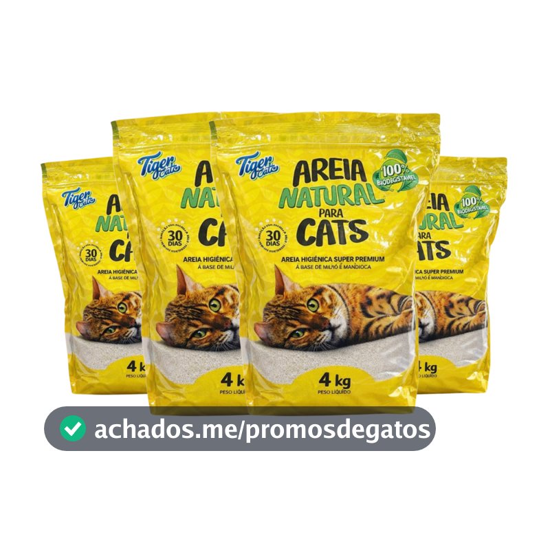 KIT COM 4 AREIA HIGIÊNICA NATURAL BIODEGRADÁVEL MILHO E MANDIOCA PARA GATOS TIGER CATS 4KG