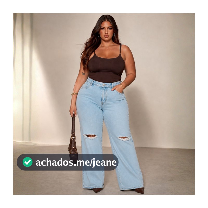 Calça Jeans Wide Leg Plus Size Feminina Cintura Alta Clara - Pantalona Com Rasgo Joelho