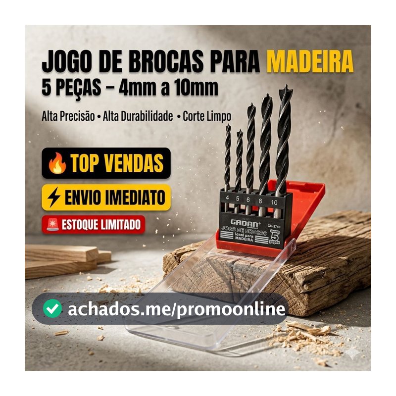 Jogo de Brocas Madeira Kit 5 Peças 4mm 5mm 6mm 8mm 10mm Para Furadeira Madeira MDF Marcenaria Profissional