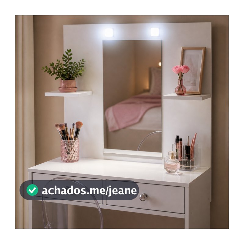 Penteadeira Compacta Com Espelho Maquiagens Com LED 2 Gavetas Camarim Prateleira Mesa 100% MDF