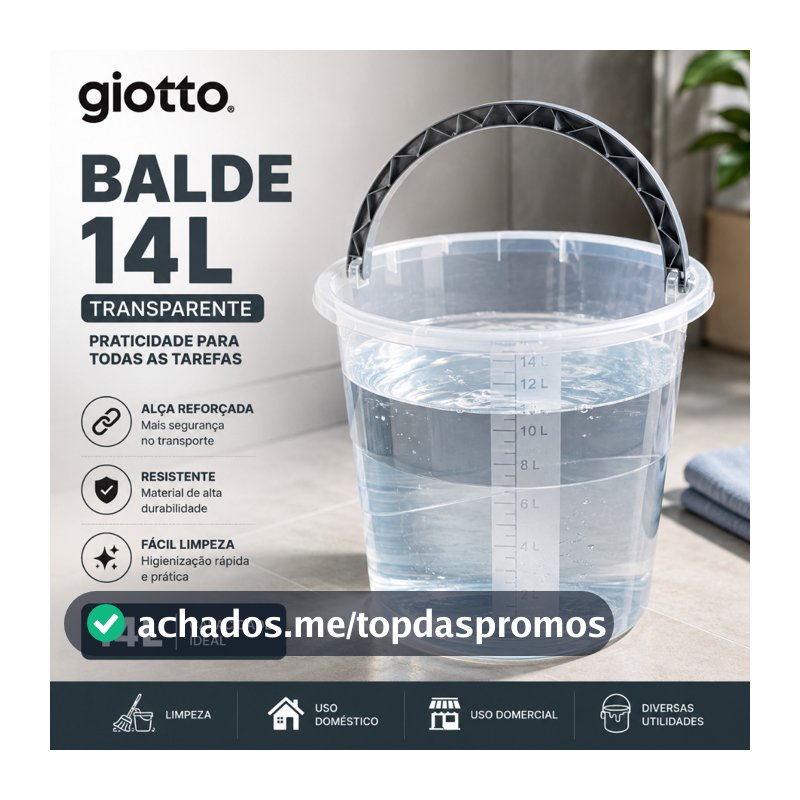 Balde 14L Transparente com Alça Cinza e Medidor Multiuso Cozinha Lavanderia Limpeza Giotto