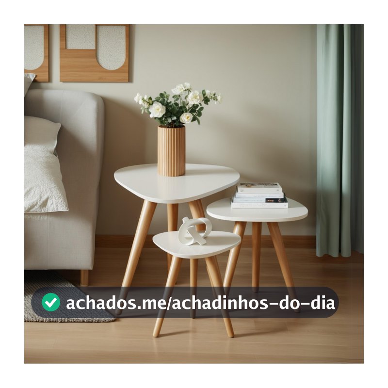 Trio de Mesinhas Jogo Lateral Sala Pé Palito Retro Tampo Orgânico