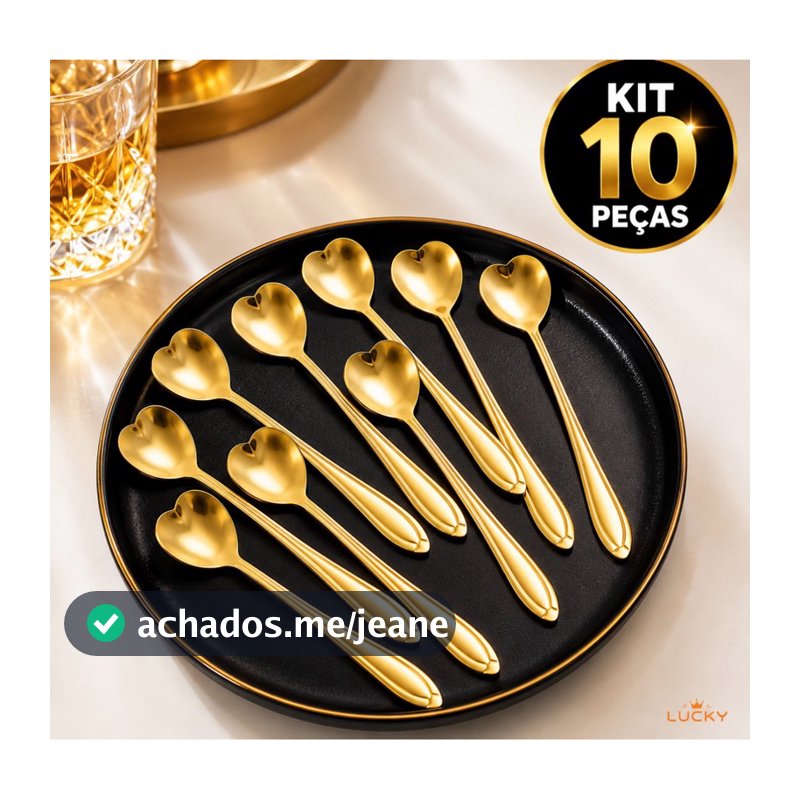 Kit 10 Colheres Coração Dourada luxo inox Café Sobremesa