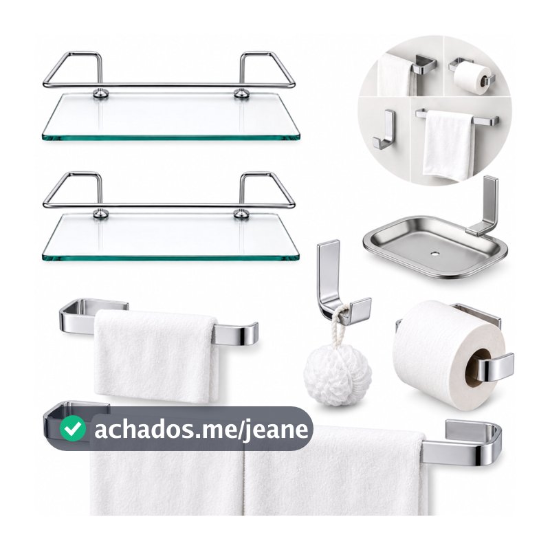Kit Acessórios Banheiro 5 Peças Inox Cromado + 2 Porta Shampoo Organizador Prateleira Vidro Reto