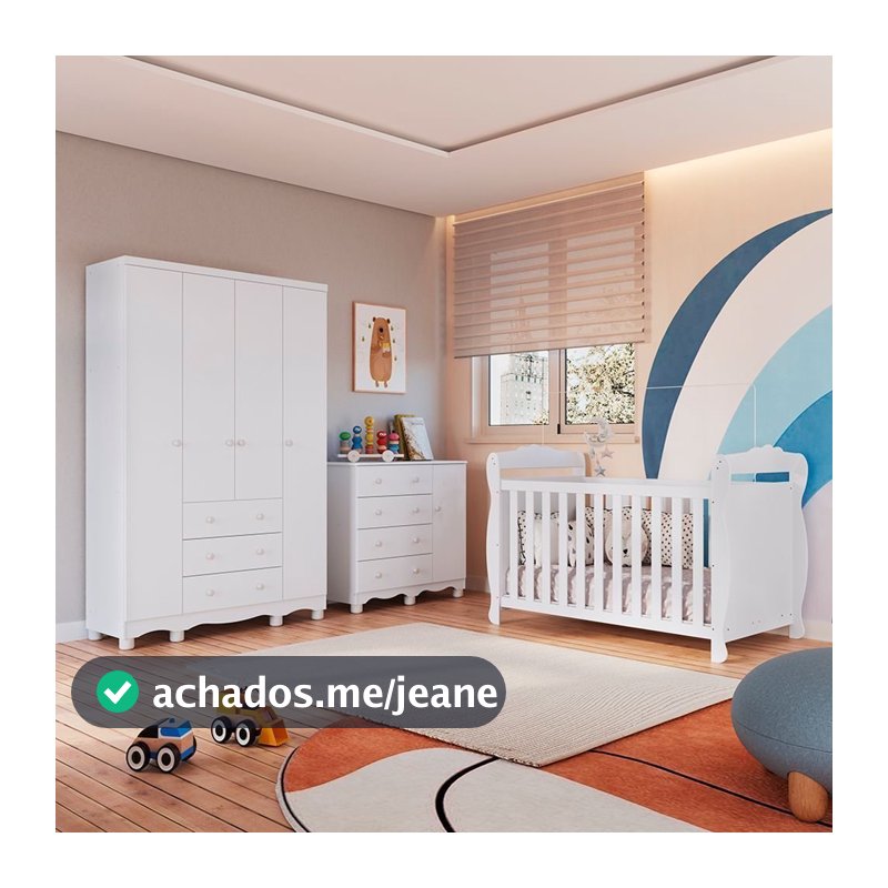 Quarto de Bebê Completo Berço 3 em 1, Cômoda e Guarda Roupa 100% MDF Nina Espresso Móveis Branco Branco Brilho