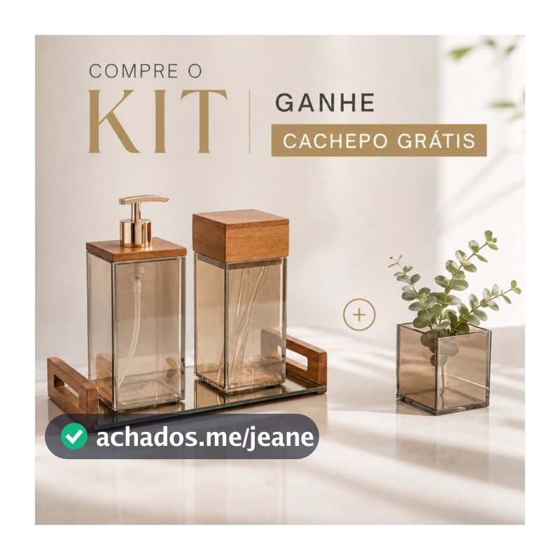 Kit Banheiro Lavabo Premium Saboneteira 500ML Porta Escova Com Tampa Bandeja Vidro Madeira Luxo