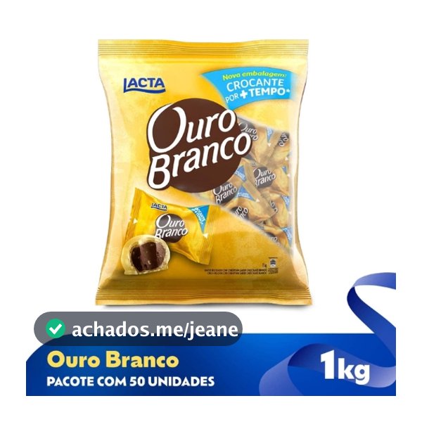 Bombom Ouro Branco Lacta 1kg ou 20 Unidades- Recheio Cremoso e Cobertura Crocante, Ideal para Compartilhar
