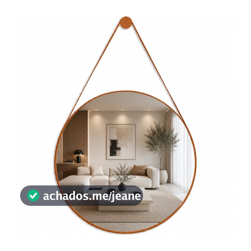 Espelho Adnet Couro Com Alça 20cm 30cm 40cm 50cm 60cm Sala Quarto Banheiro Redondo + Suporte