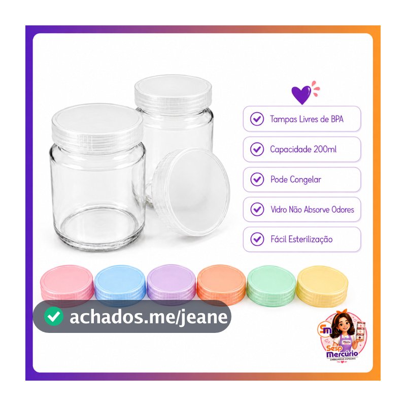 Kit 6 Potes De Vidros Belem 200ml Tampas Plásticas Livre de BPA Leite Materno Armazenamento