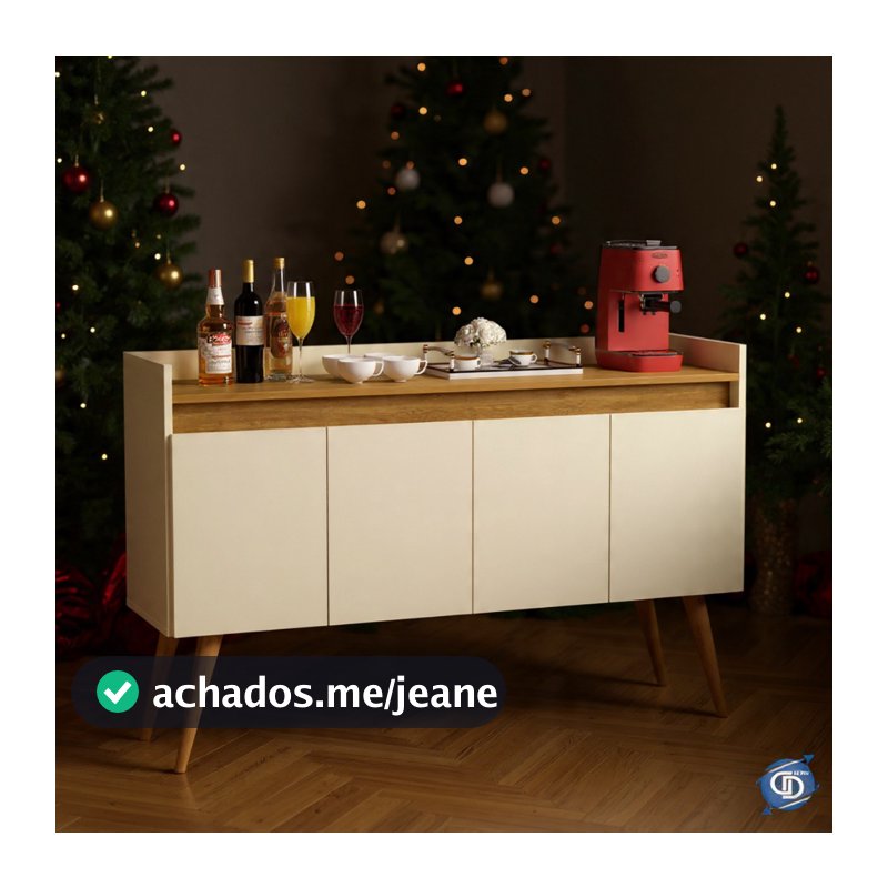 Aparador Buffet Retrô Sala Pés Palito Em Madeira Maciça  Elegance 4 Portas Prateleira Interna