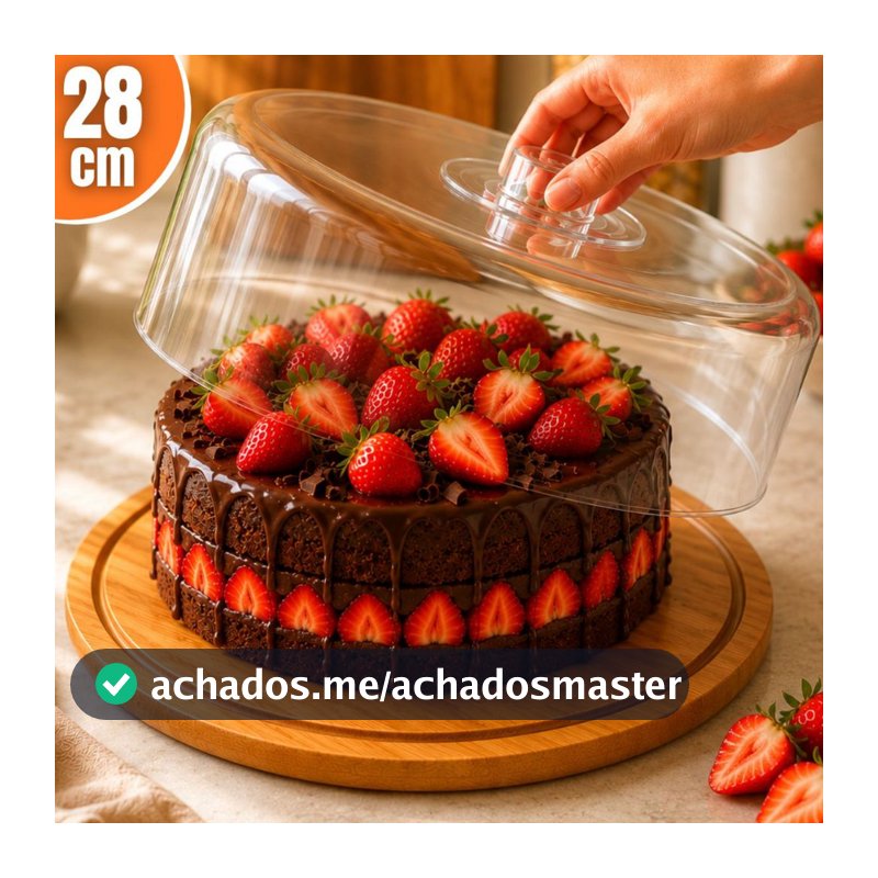 Boleira Base Bambu Com Tampa Em Acrílico Porta Bolo Queijeira Doces Torta Pudim Queijo Grande 28cm