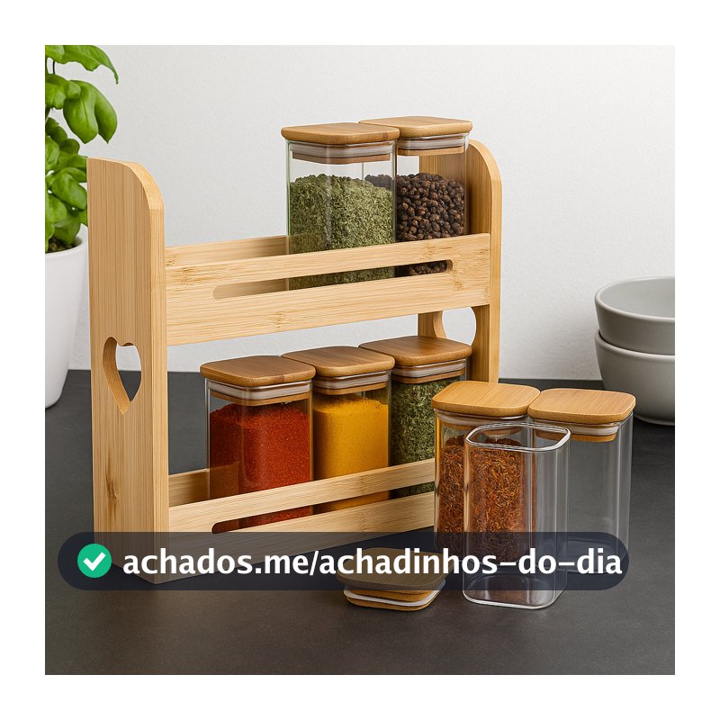 Porta Condimentos Bambu Rack Prateleira Organizador Temperos 2 Andares 8 Potes Vidro Tampa Bancada