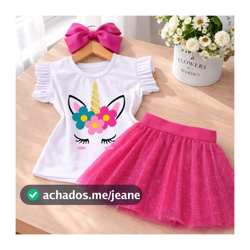 Conjunto Menina Infantil Unicórnio Saia Tule Rosa Pink Blusa Branca Babado