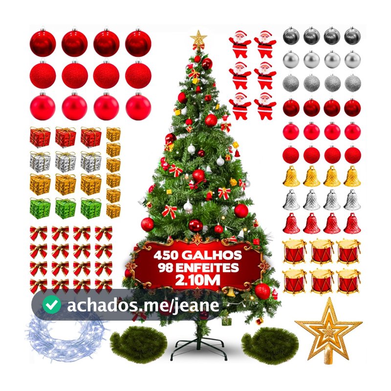 Árvore de Natal 210 Cm 450 Galhos Decorada Com 98 Enfeites Pisca Pisca Decoração Natalina