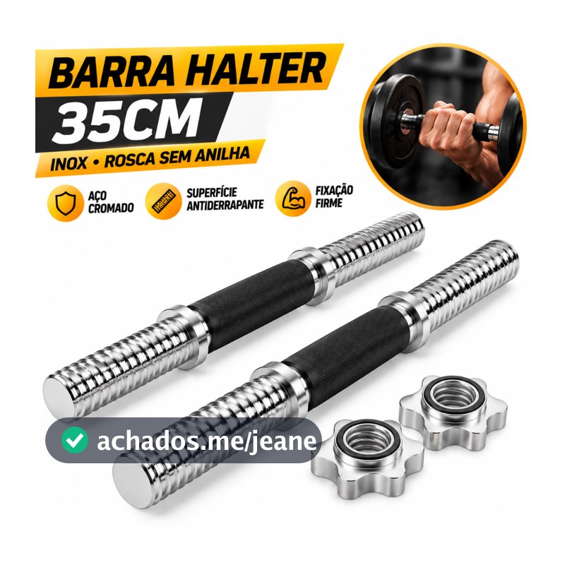 2u Barra Halter 35cm De Inox Com Rosca Sem Anilha Antiderrapante Rosca Direta Maciça Biceps Supino Agachamento Crucifixo
