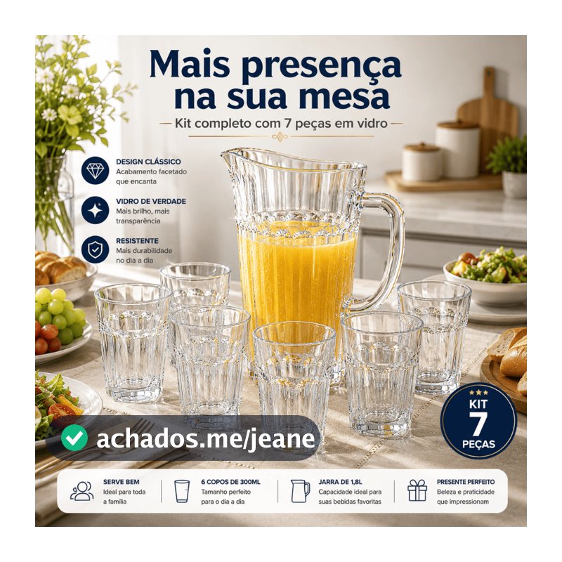 Kit Jarra De Vidro 1,8L + 6 Copos 300ml Luxor 7 Peças BPA Free