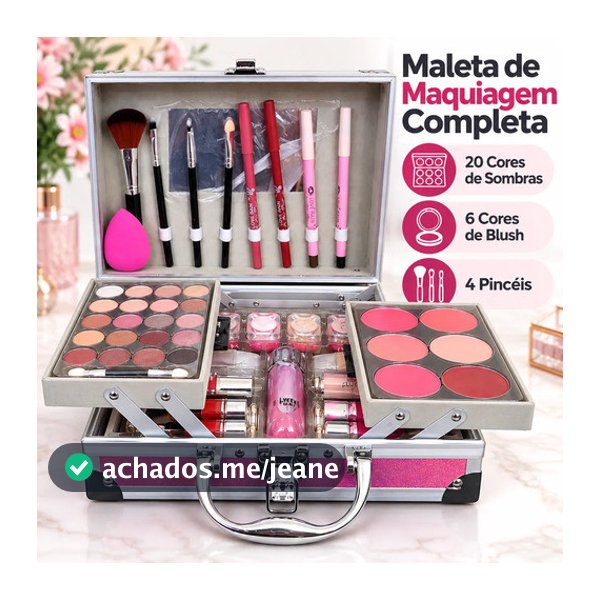 Maleta de Maquiagem Completa Rosa com 49 Itens Kit Premium Sombras Blush Batom Pincéis