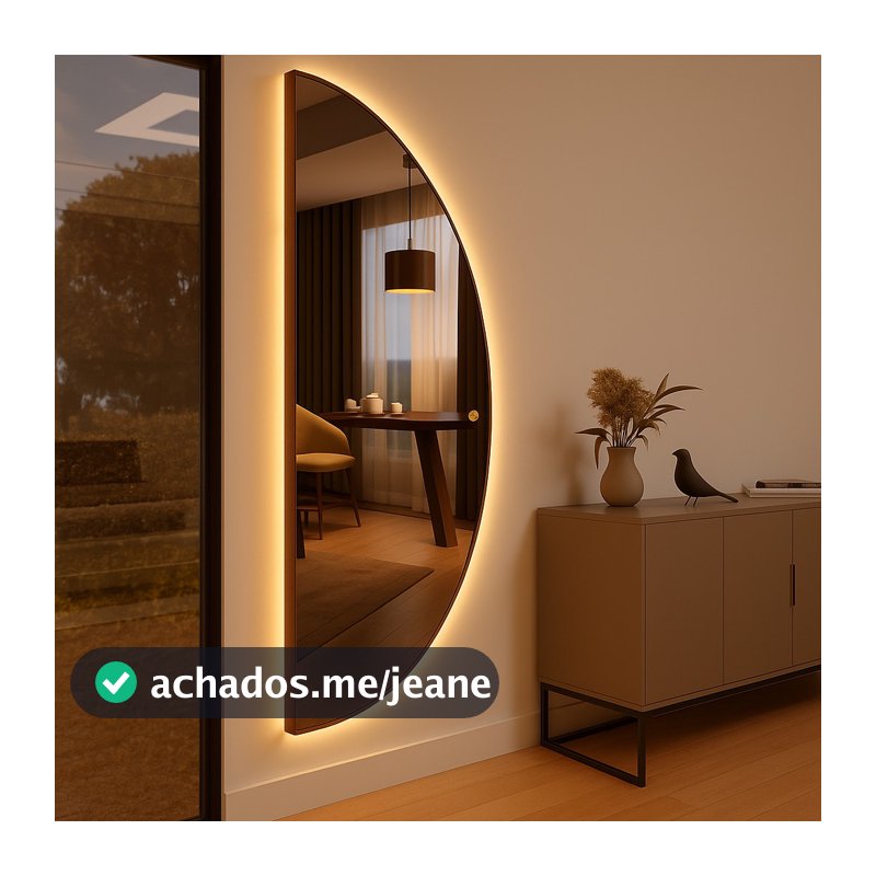 Espelho Meia Lua Led Moldura Couro Touch Bivolt 3 TONS DE LED Quente Frio Neutro Moderno Sala Quarto Banheiro Hall