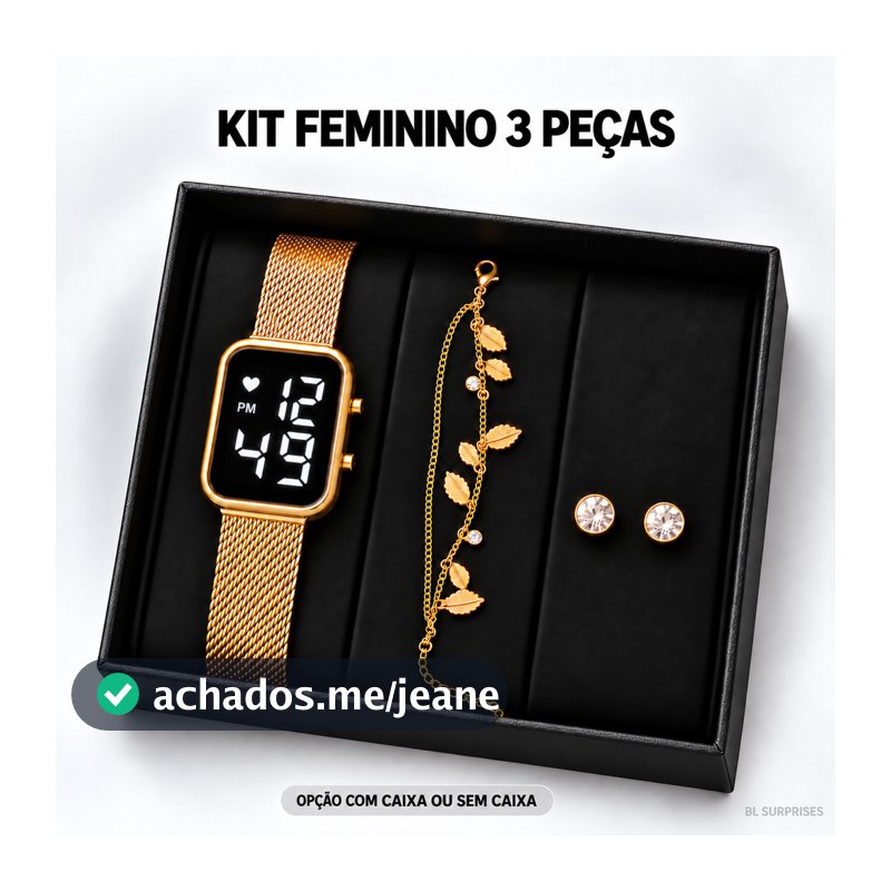 Kit Relógio Feminino Digital 3 em 1 com Pulseira e Brincos Presente Elegante