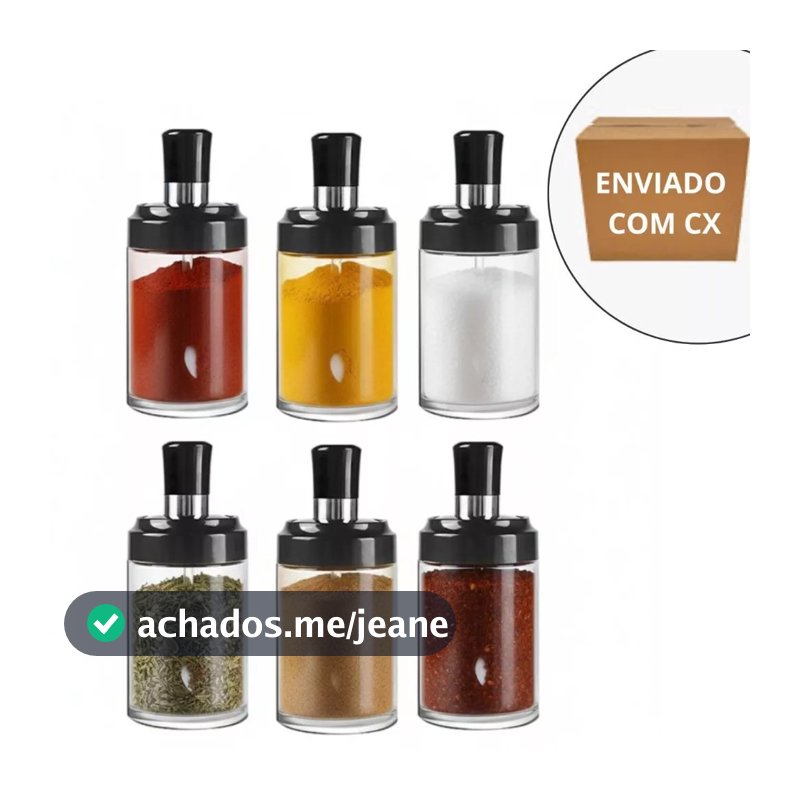 KIT 6 PORTA CONDIMENTOS TEMPEROS EM VIDRO C/ COLHER E TAMPA