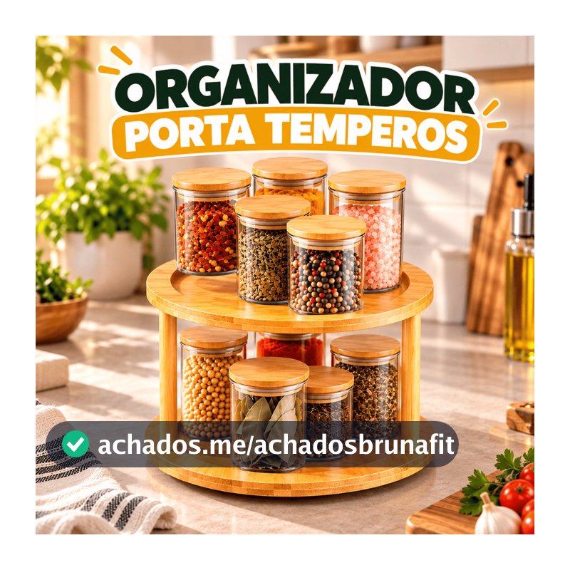 Porta Tempero Giratório 2 Andares em Bambu Ecológico Organizador Armário Prateleira Multifuncional