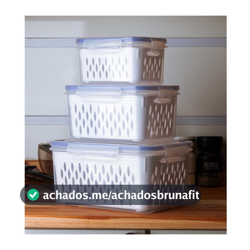 Kit 3 Potes Herméticos com Cesto Escorredor Branco Plástico Organizador Geladeira Frutas Verduras Legumes Salada Freezer