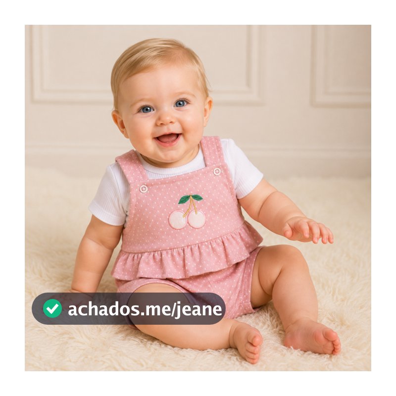 Conjunto Para Bebê Menina Jardineira Malha Trabalhada + Camiseta Ribana Cereja Manga Curta