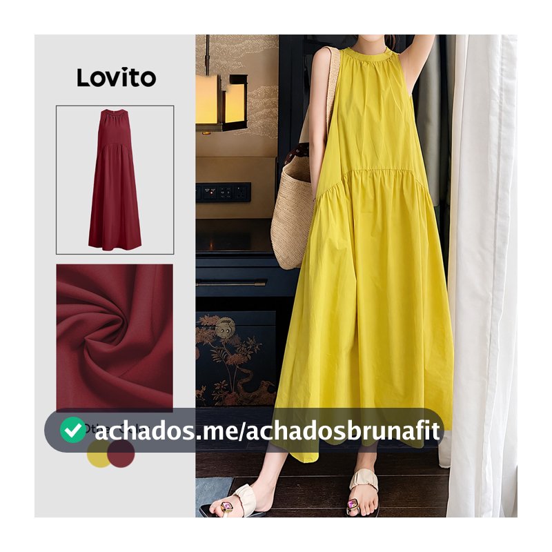 Christmas Natal (NEW) Lovito Férias para Macio e Bolso Primavera/verão amarelo Confortável Vestido de Franzido com L137ED758