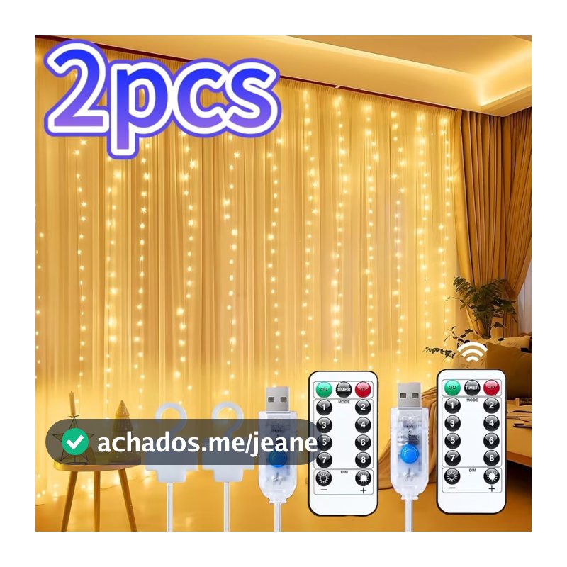Kit 2 Cortina De Luz 600 Pisca Pisca Led Decoração De Natal Fio Fada 8 Modos De Piscagem Ajustáveis Com 2 Ganchos E Cont