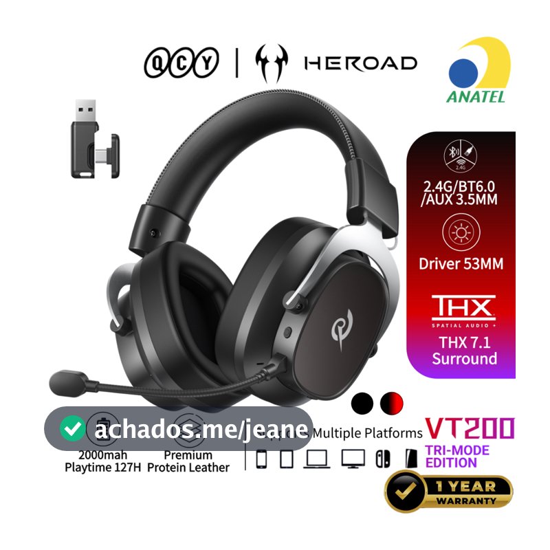 QCY Headset Gamer Sem Fio HEROAD VT200 THX7.1 2.4G Bluetooth6.0 20ms 130H Driver 53mm PC PS5 Celular