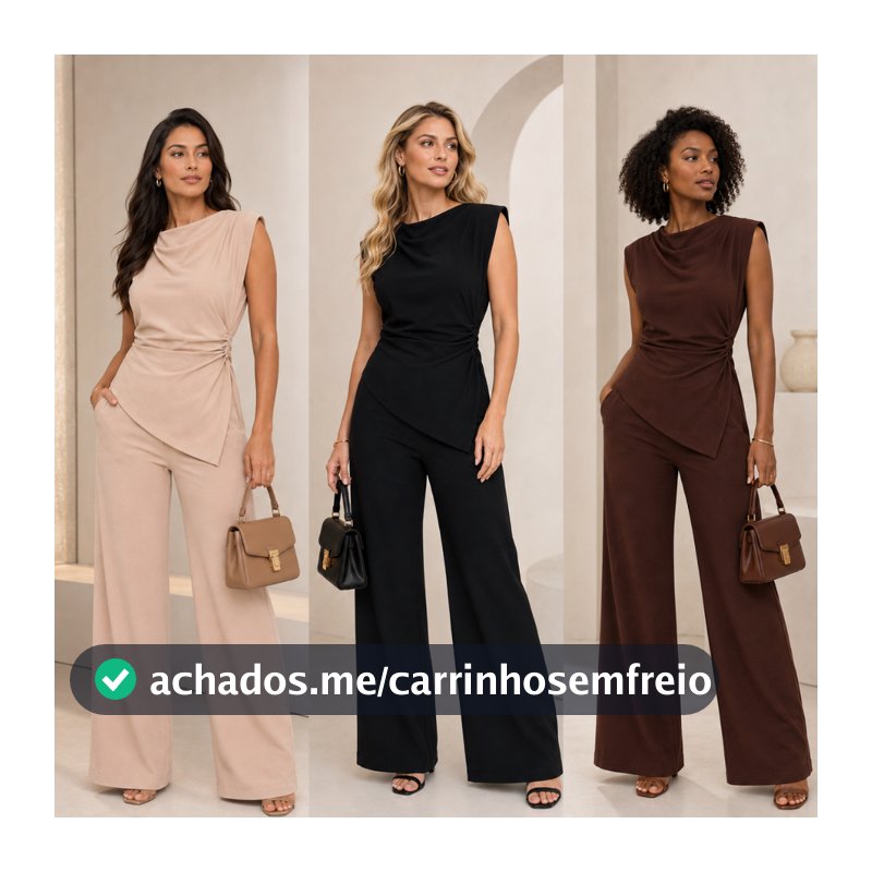 Conjunto Feminino Alfaiataria Assimétrico Blusa Franzida e Calça Panatalona Social Elegante Moda Mulher Verão Promoção