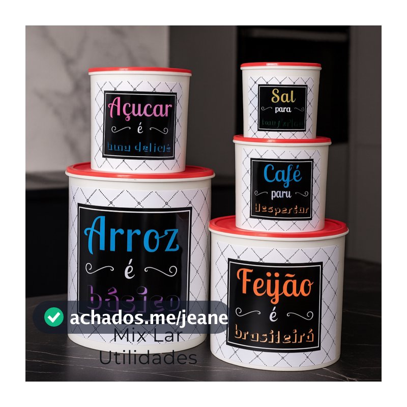 Kit 5 Potes de Mantimentos Plástico Decorado para Cozinha