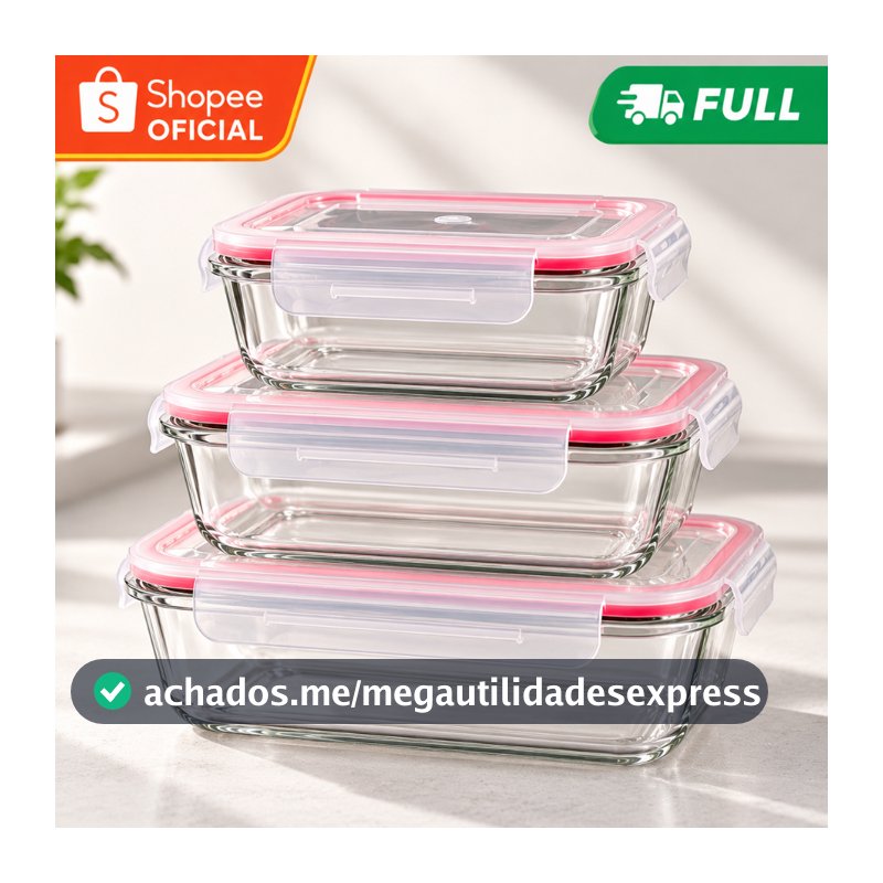 Kit 3 Potes Herméticos De Vidro Tampa Trava Refratário