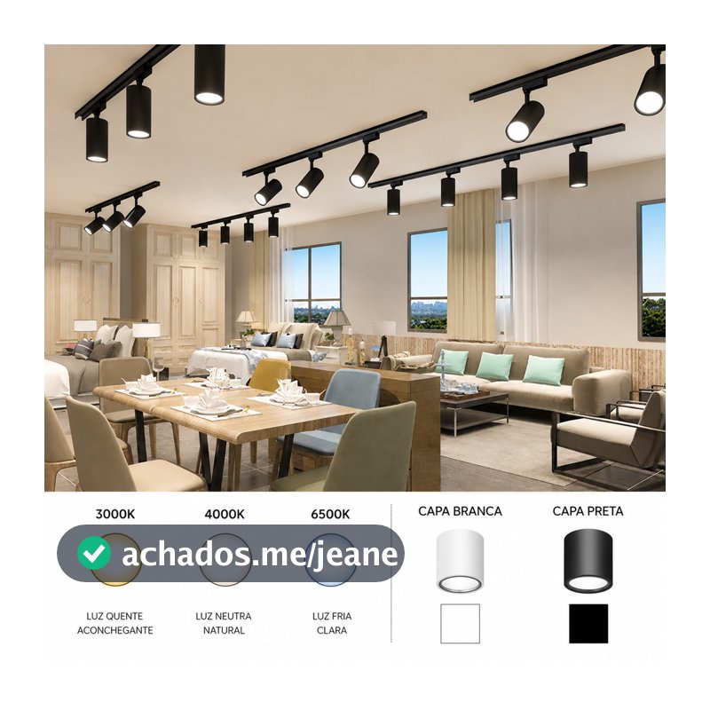 Trilho com Spot Led Eletrificado 1m ou 2m Spot 10W Sobrepor Teto Gesso Preto Branco - Kit Iluminação Bivolt